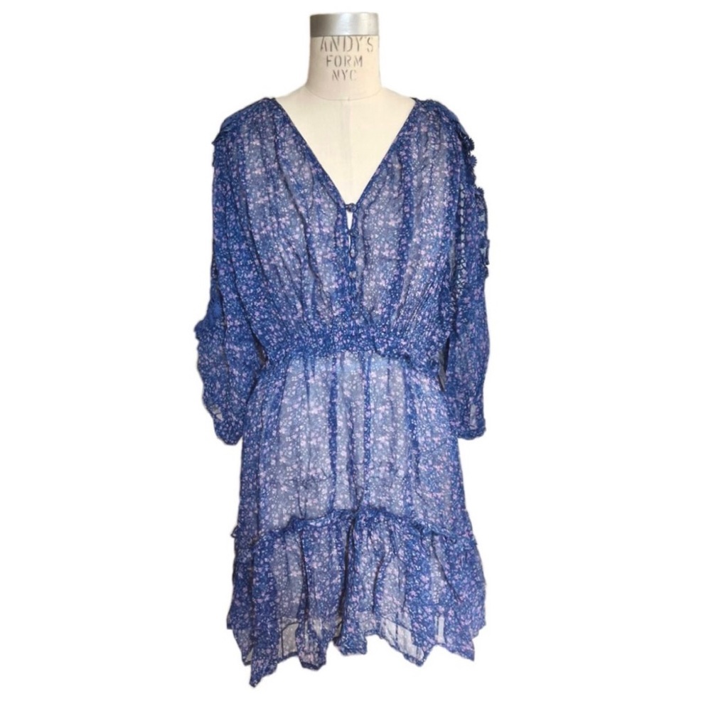 NWT/ Blue Floral Tiered Short Dress Sheered Georgette Lace Orig$285 size S